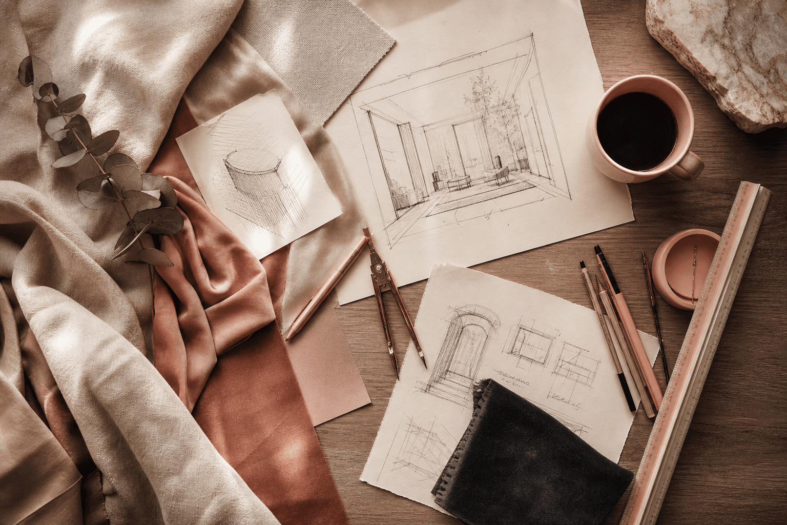 Fedrani studio — architectural drawings and design tools on a warm wood drafting table